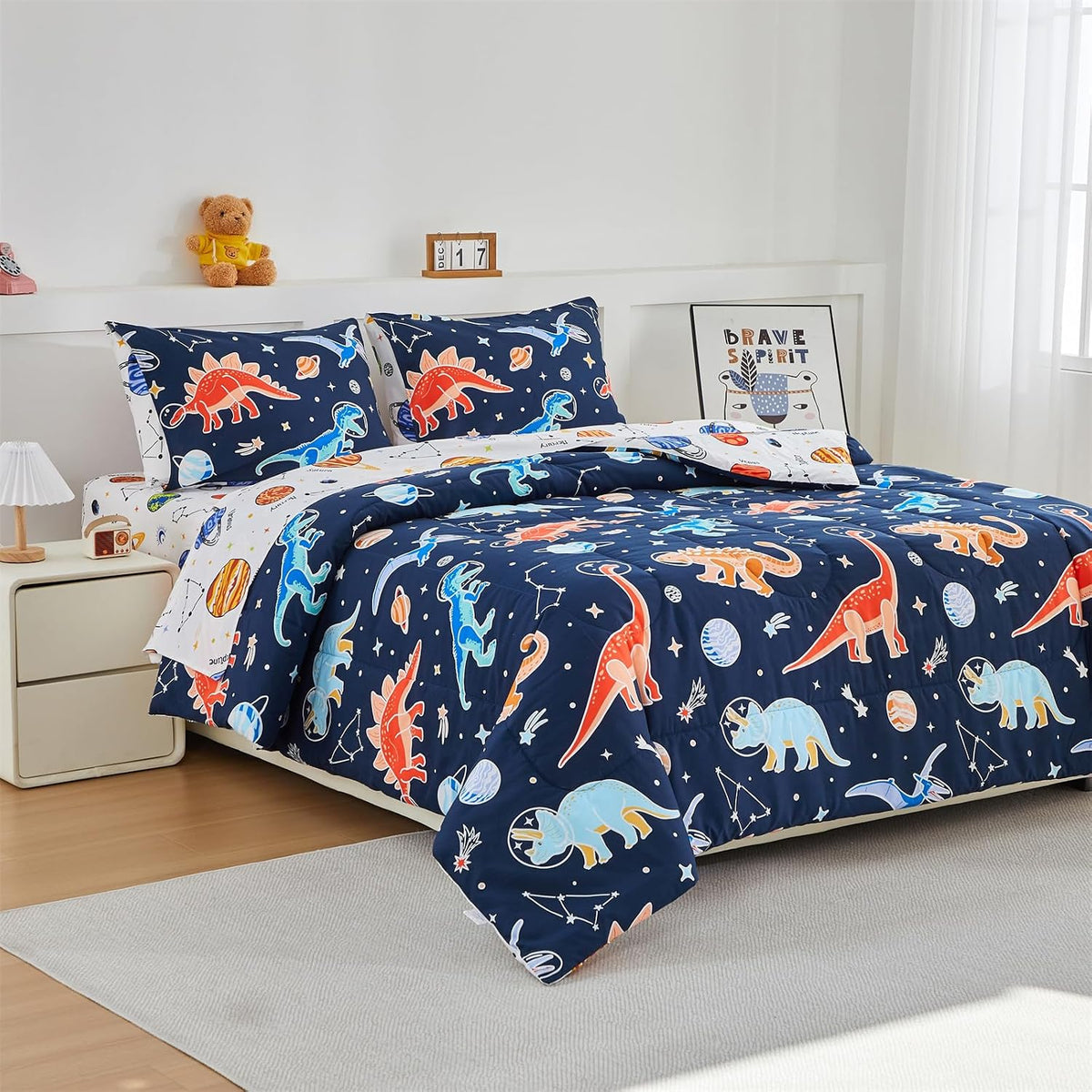 NTBED 5Pcs Glow in The Dark Kids Comforter Set Dinosaur Twin Bedding Set