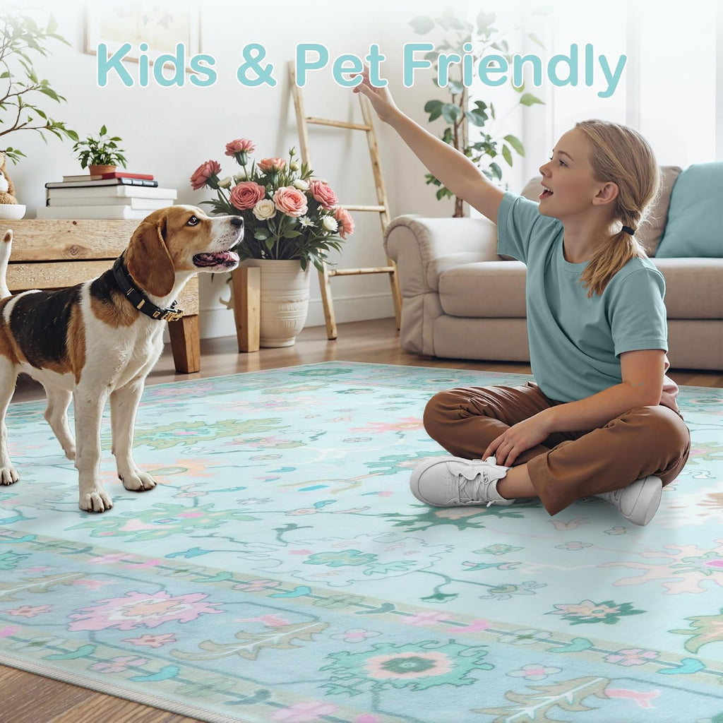 LIVEBOX Washable Oushak Rug Non Slip 8 x 10 Rugs for Living Room, Soft Turkish Rug for Bedroom, Boho Floral Mat Large Indoor Carprt for Kids Nursery, Dining Room, Home Office, Blue