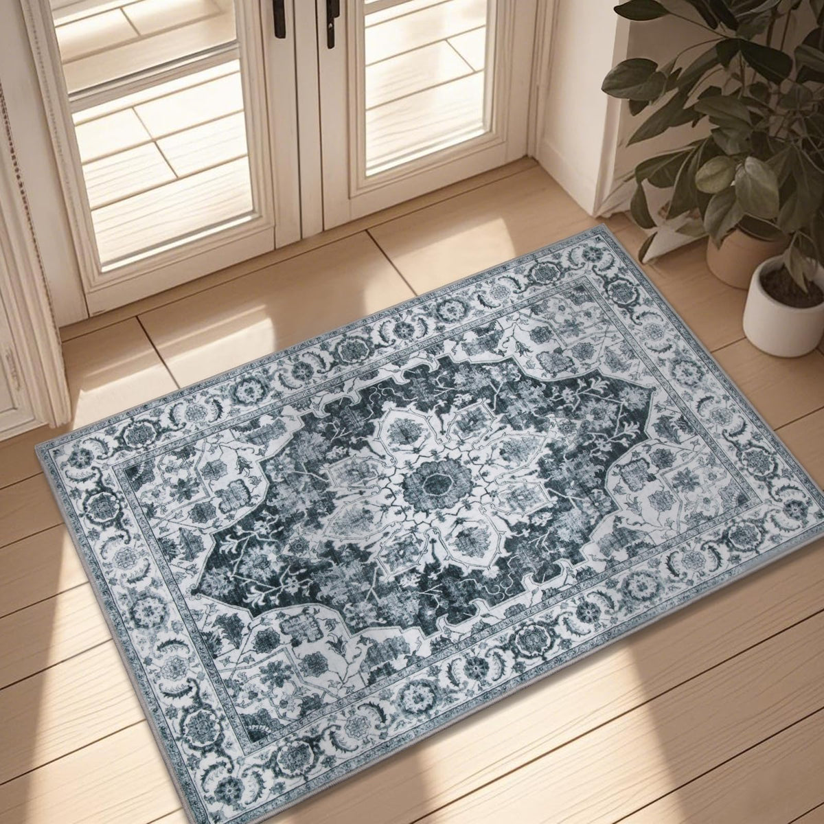 WILLSUN Washable Area Rugs, 5x7 Non-Slip Boho Large Area Rugs for Living Room, Bedroom, Machine Washable Vintage Rug, Indoor Floral Print Carpet for Home Decor, Kid & Pet Friendly Mat