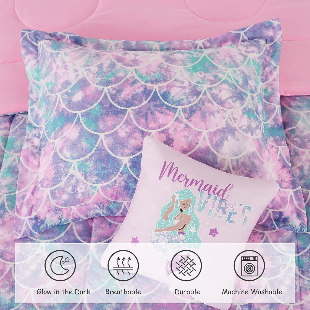 Twin Comforter Set for Girls-3 Pieces Mermaid Glow in the Dark Bedding Sets