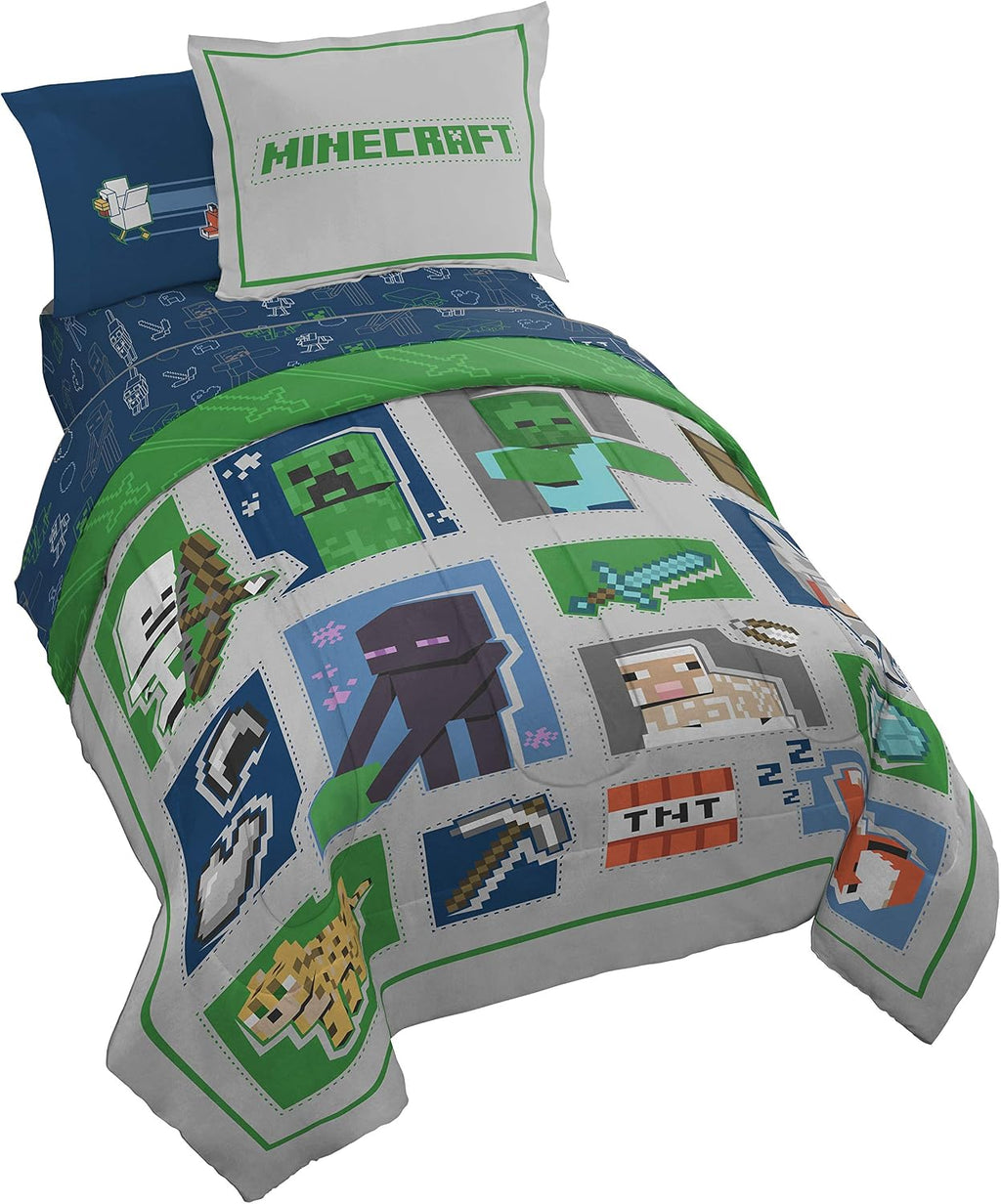 Jay Franco Minecraft 5 Piece Twin Bedding Set - Includes Reversible Comforter, Sheets and Pillowcases - Features Creeper, Ghost, Zombie and Enderman
