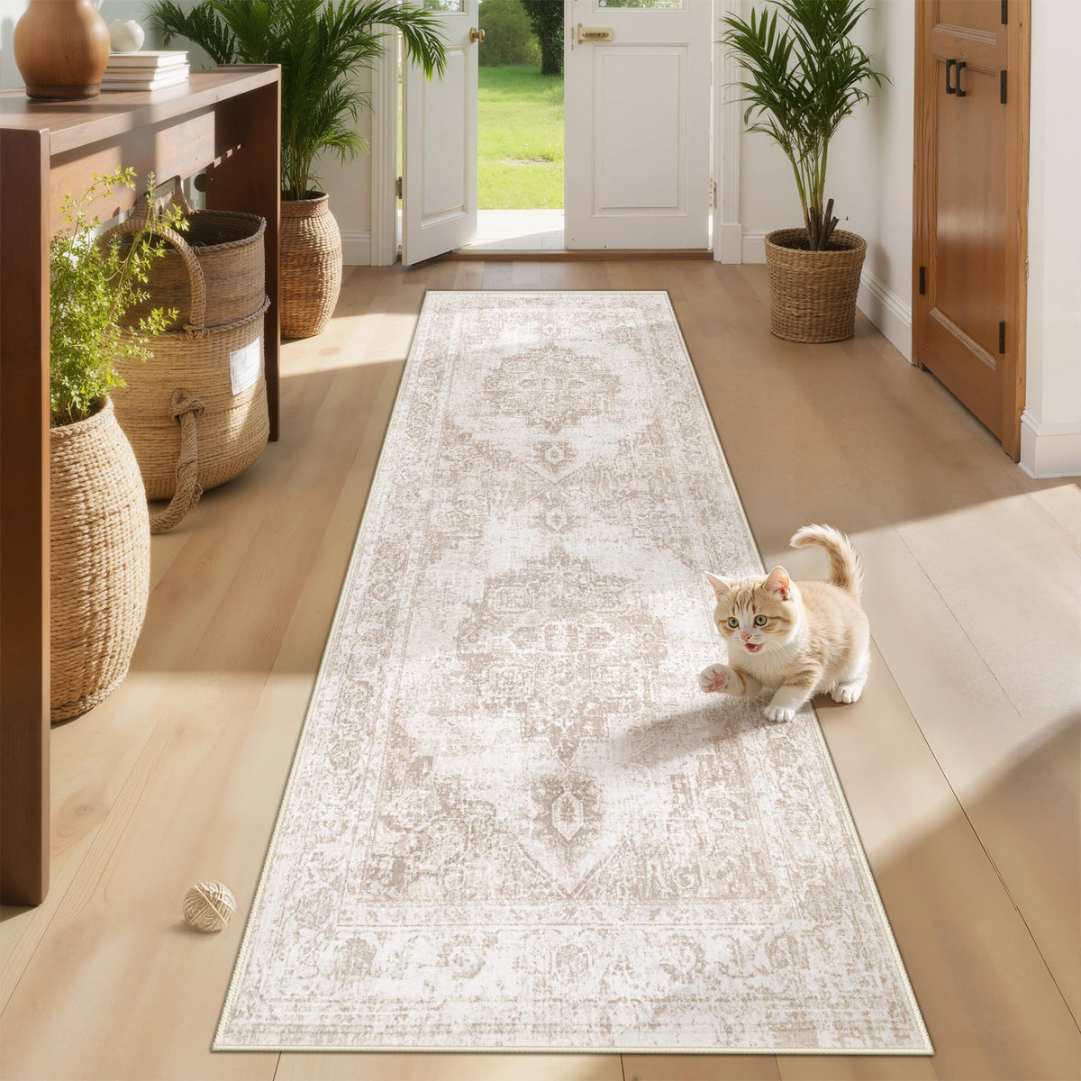 Area Rug 5x7 Vintage Rug: Washable Indoor Medallion Rugs Low Pile Distressed Floor Carpet Retro Accent Rug for Living Room Bedroom Kitchen Dining Table Home Office(Beige, 5'x7')