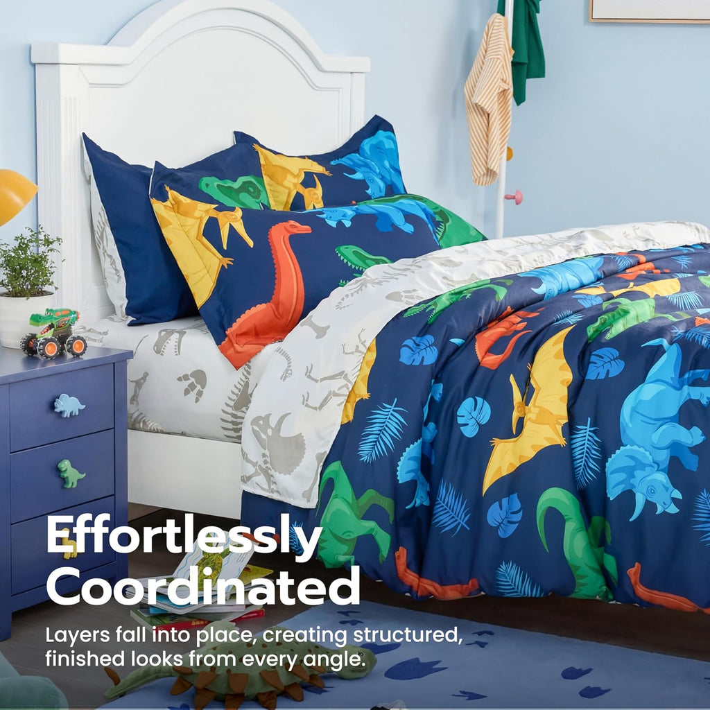 Joiedomi Kids Comforter Set Bedding Set for Boys Girls Super Soft Microfiber Bed in a Bag with Comforter Sheets Pillowcase Sham, Dark Blue Dinosaur, Twin