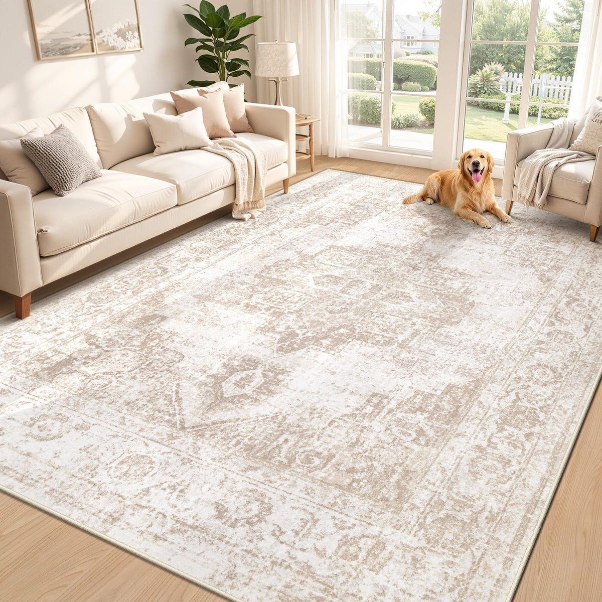 Area Rug 5x7 Vintage Rug: Washable Indoor Medallion Rugs Low Pile Distressed Floor Carpet Retro Accent Rug for Living Room Bedroom Kitchen Dining Table Home Office(Beige, 5'x7')