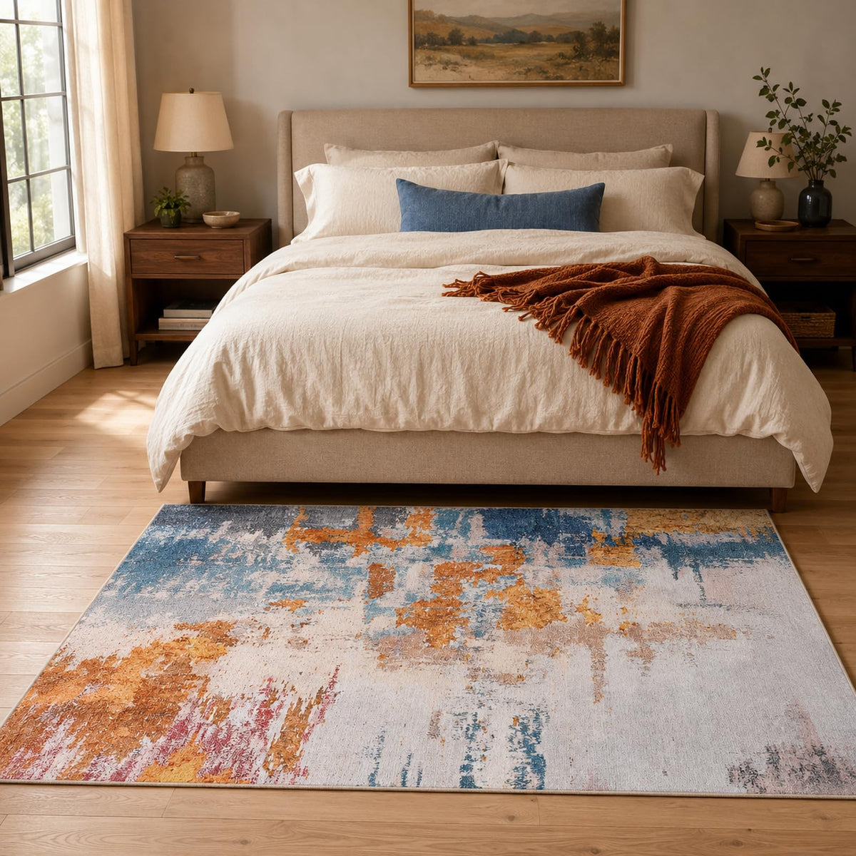 Living Room Rug 5x7 Gray Area Rug Machine Washable Boho Rug Non Slip Abstract Vintage Indoor Large Rugs for Bedroom, Classroom, College Dorm, Farmhouse, Dining Room, Kids Playroom