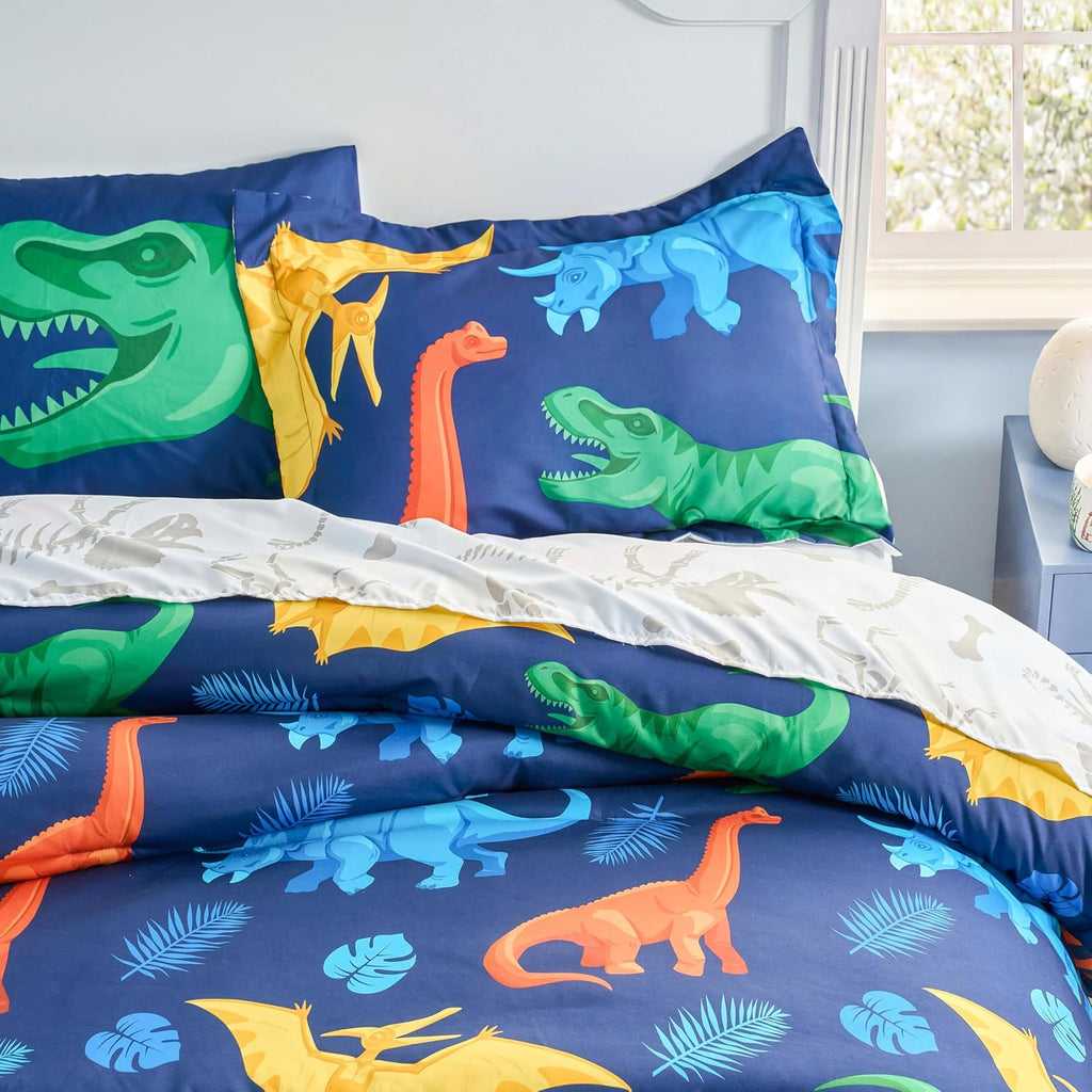 Joiedomi Kids Comforter Set Bedding Set for Boys Girls Super Soft Microfiber Bed in a Bag with Comforter Sheets Pillowcase Sham, Dark Blue Dinosaur, Twin