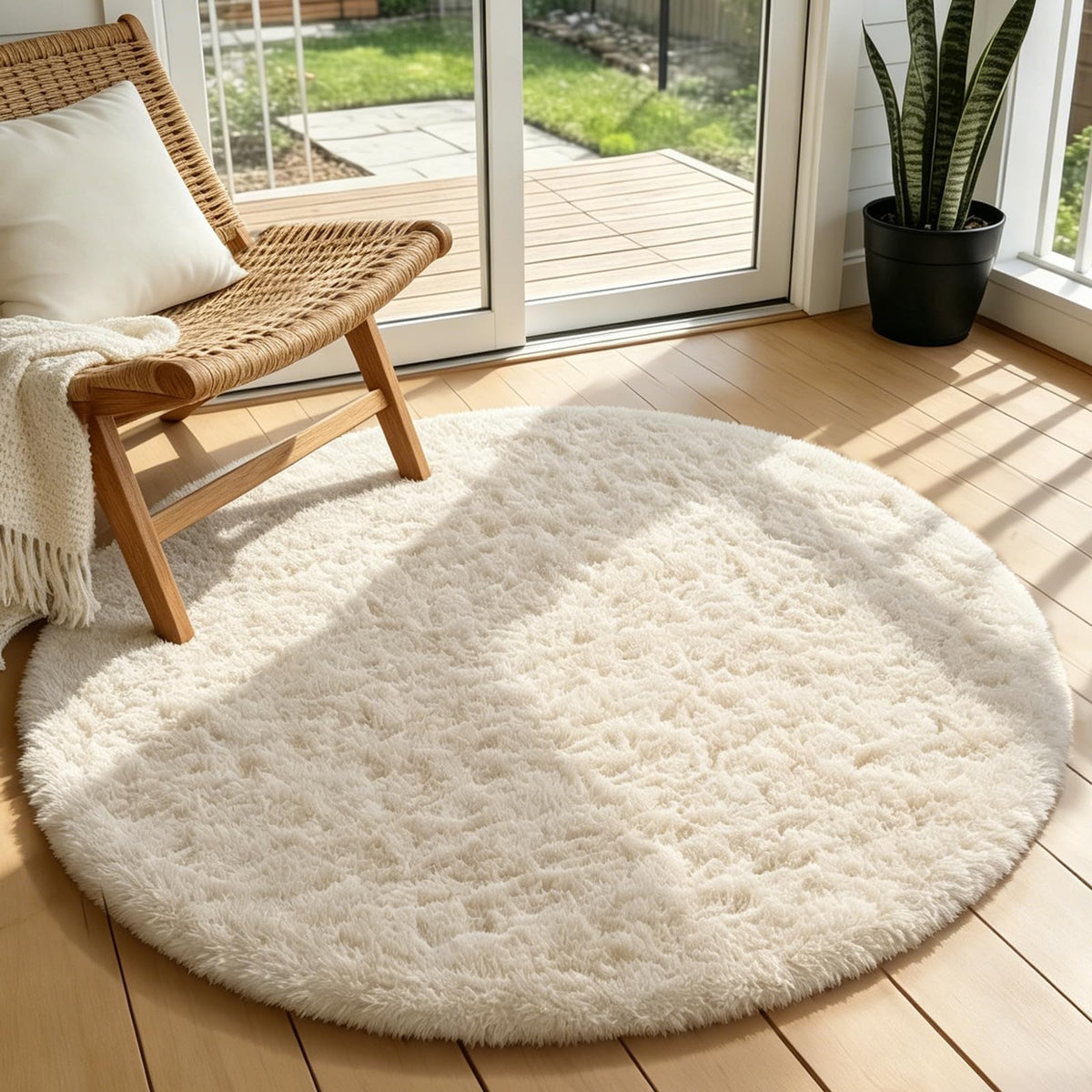 Ophanie Round Rugs 5Ft Ivory Circle Area Rug,Baby Nursery Living Room Bedroom Decor Circular Carpet 5 Foot,Fluffy Fuzzy Shag Plush Cream for Kids Boys Girls Teen with Over 99 pcs Pile fibers