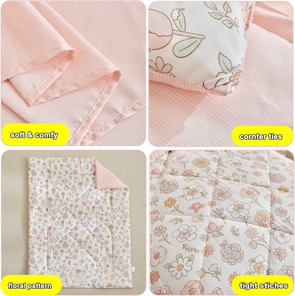 DuShow Floral 4 Piece Girls Toddler Bed Comforter Set Pink Flower Reversible Toddler Bedding Set Soft Baby Crib Bed Sheets Set in a Bag | Include Quilt Comforter,Flat Sheet,Fitted Sheet,Pillowcase