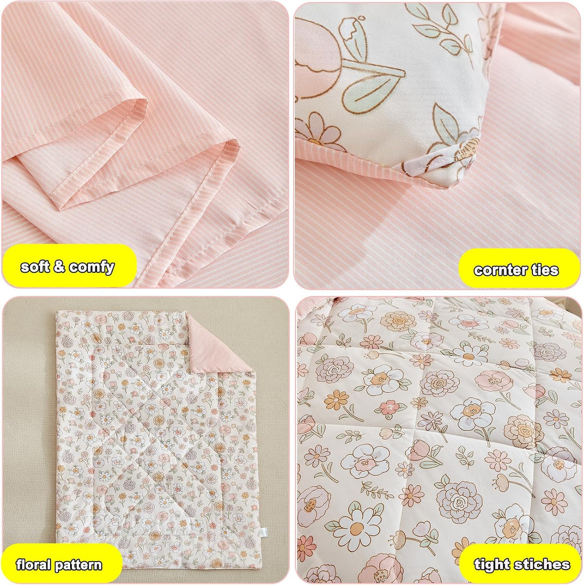 DuShow Floral 4 Piece Girls Toddler Bed Comforter Set Pink Flower Reversible Toddler Bedding Set Soft Baby Crib Bed Sheets Set in a Bag | Include Quilt Comforter,Flat Sheet,Fitted Sheet,Pillowcase
