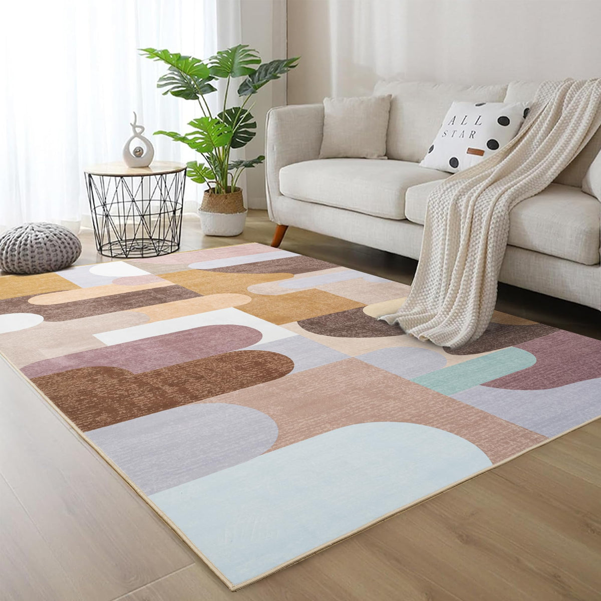 Living Room Rug 5x7 Gray Area Rug Machine Washable Boho Rug Non Slip Abstract Vintage Indoor Large Rugs for Bedroom, Classroom, College Dorm, Farmhouse, Dining Room, Kids Playroom
