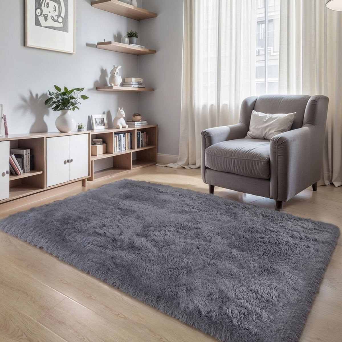 4x6 Light Grey Fluffy Shag Rug for Bedroom, Plush Washable Carpet
