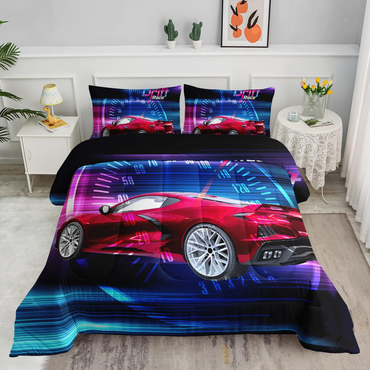 Axolotl Kid Comforter Set Twin Size,Racing Car Bedding Set for Boys Girls Teen Kids Children Racing Gifts,Race Cars Quilt Bed Set with 1 Comforter 2 Pillowcases,Red Grey