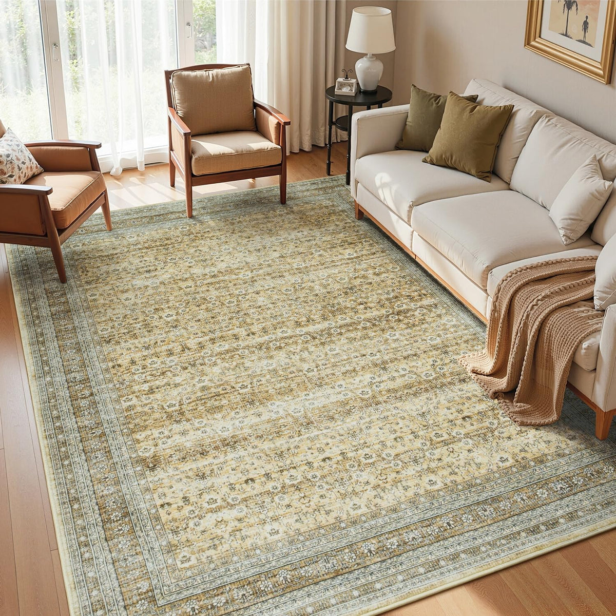 Sage Green 8x10 Area Rug for Living Room, Vintage Boho Large Carpet