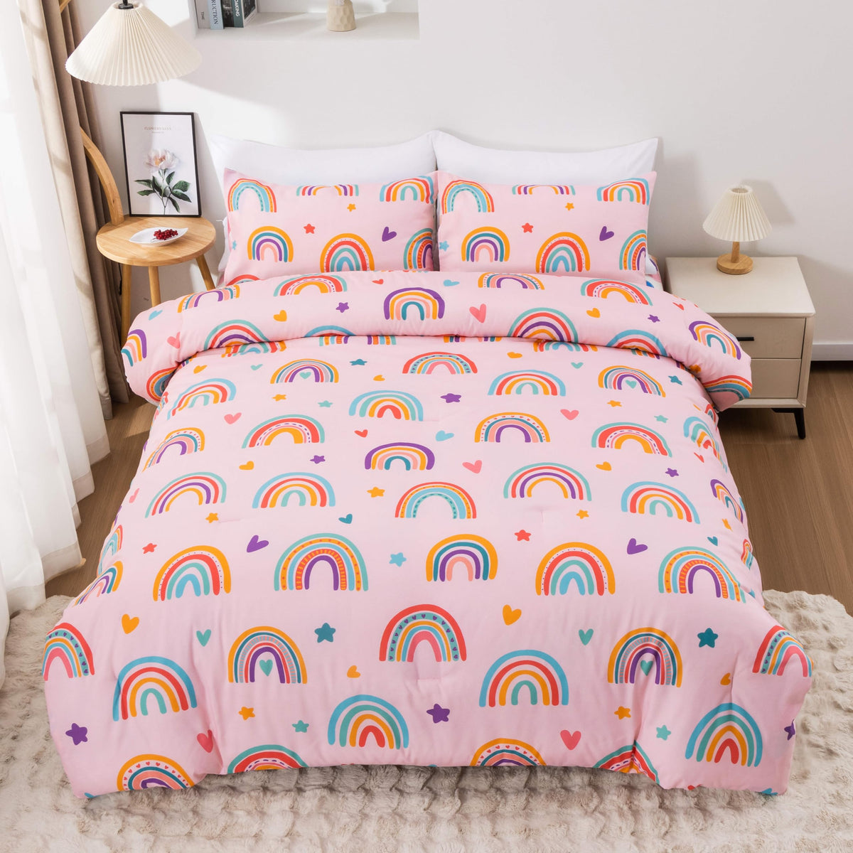 Btargot Lightweight Soft 3 Piece Rainbow Comforter Set with 2 Pillow Covers, Cartoon Love Hearts Flowers and Grass Bedding Set for Girls Boys Kids, Full Multi-Color