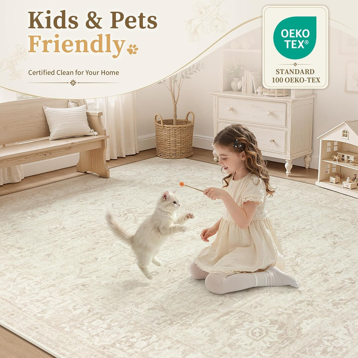 5x7 Area Rugs for Living Room: Washable Boho Vintage Floral Rug Soft Non-Slip Rugs Stain Resistant Low Pile Indoor Carpet for Bedroom Dining Room Nursery Playroom Beige