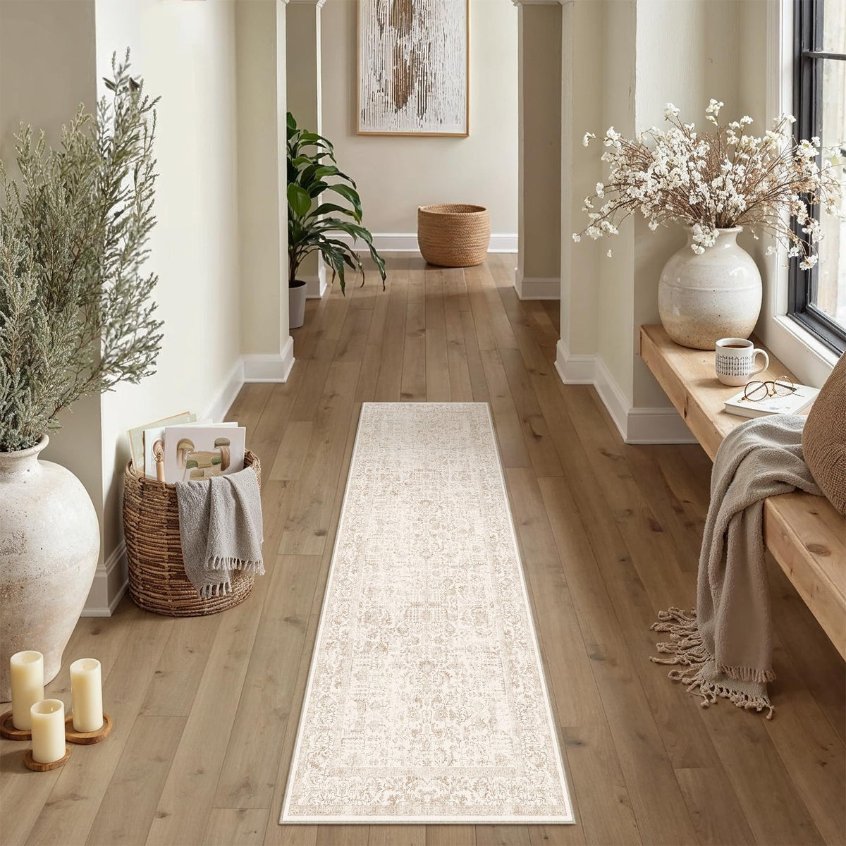 PureCozy Beige Area Rug 5x7 Vintage Farmhouse Floral