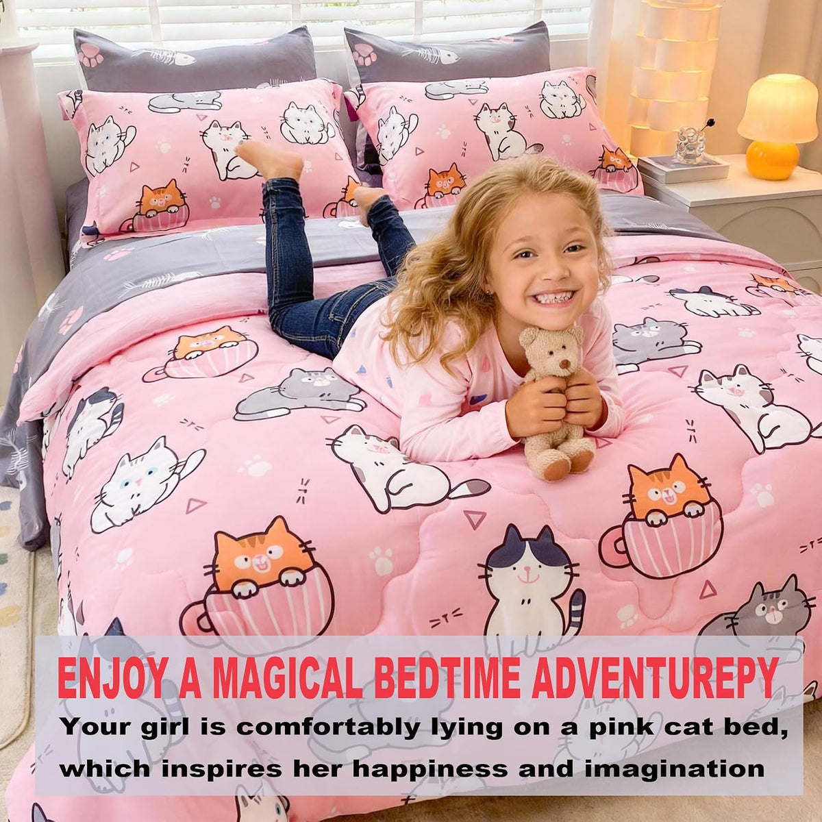7 Piece Girls Cats Bedding Comforter Set Twin Size for Kids Bed in A Bag Pink Cute Cartoon Pet Cat Bedding Set for Boys Teens (1 Comforter, 1 Flat Sheet, 1 Fitted Sheet, 4 Pillow Sham) Gray