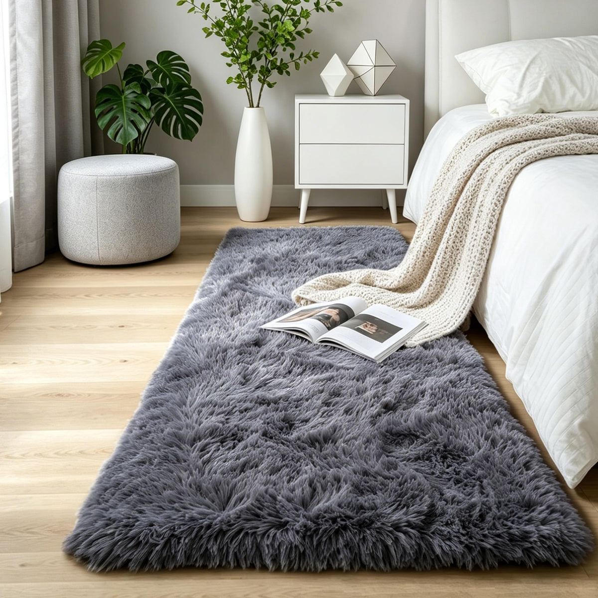 4x6 Light Grey Fluffy Shag Rug for Bedroom, Plush Washable Carpet