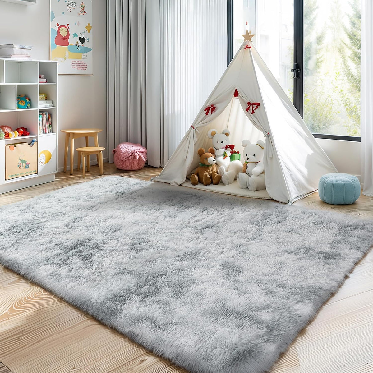 4x6 Light Grey Fluffy Shag Rug for Bedroom, Plush Washable Carpet
