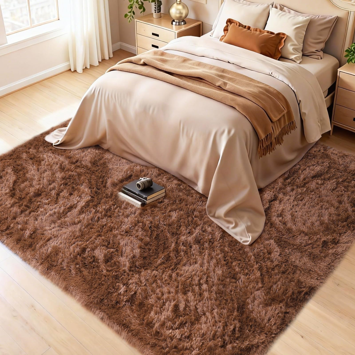 8x10 Cream Fluffy Shag Area Rug, Non-Slip Soft Carpet for Home