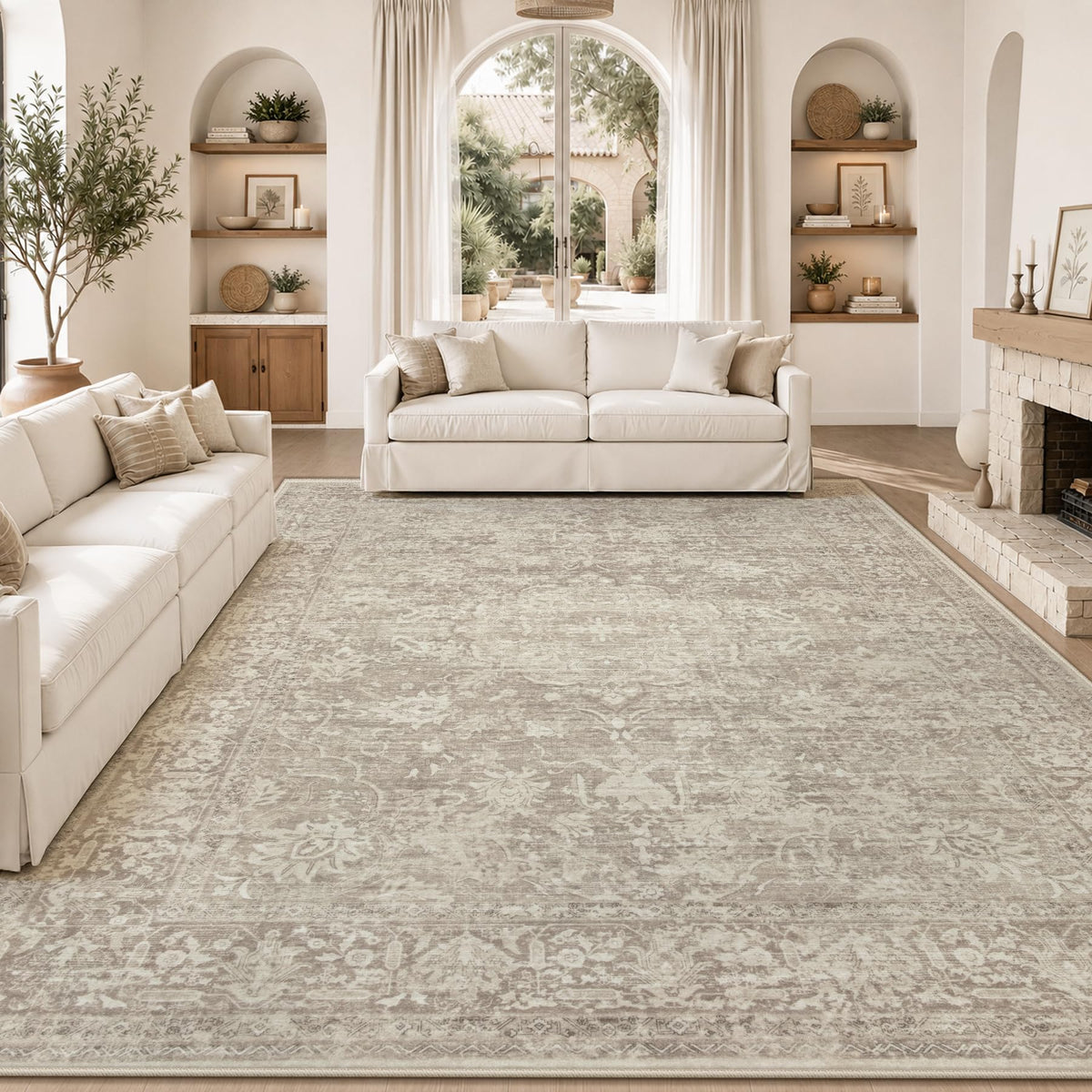 5x7 Area Rugs for Living Room: Washable Boho Vintage Floral Rug Soft Non-Slip Rugs Stain Resistant Low Pile Indoor Carpet for Bedroom Dining Room Nursery Playroom Beige