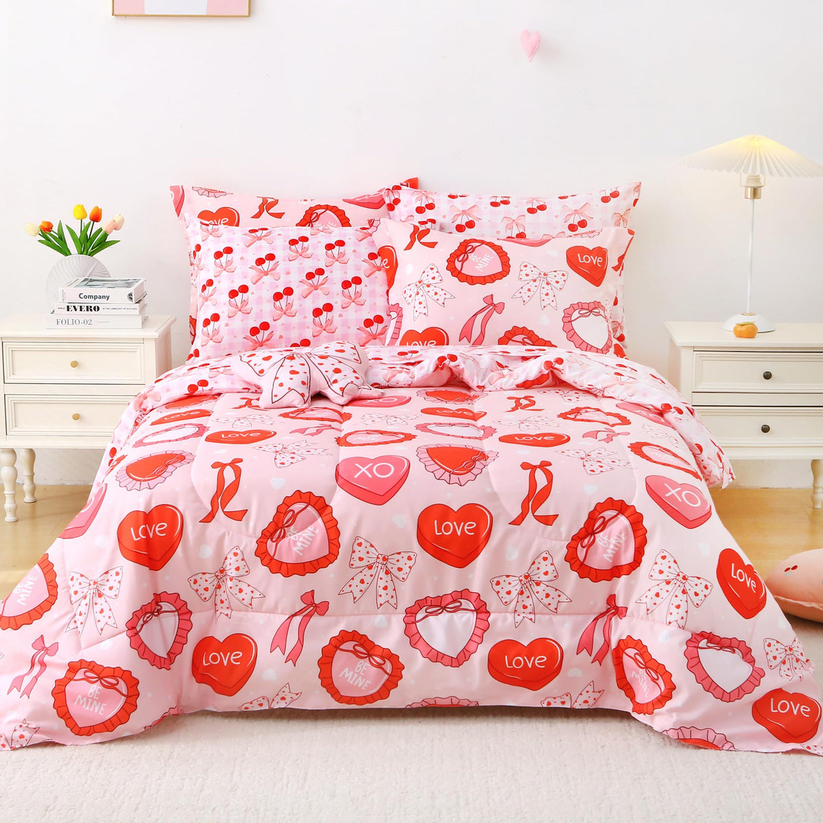 Mooreeke Full Size Comforter Sets for Girls Kids, 8 Pieces Bed in a Bag Pink Heart Bedding Comforter Sheet Set with Shams and Decorative Toy Pillow, Ultral Soft Microfiber Kids Bed Set