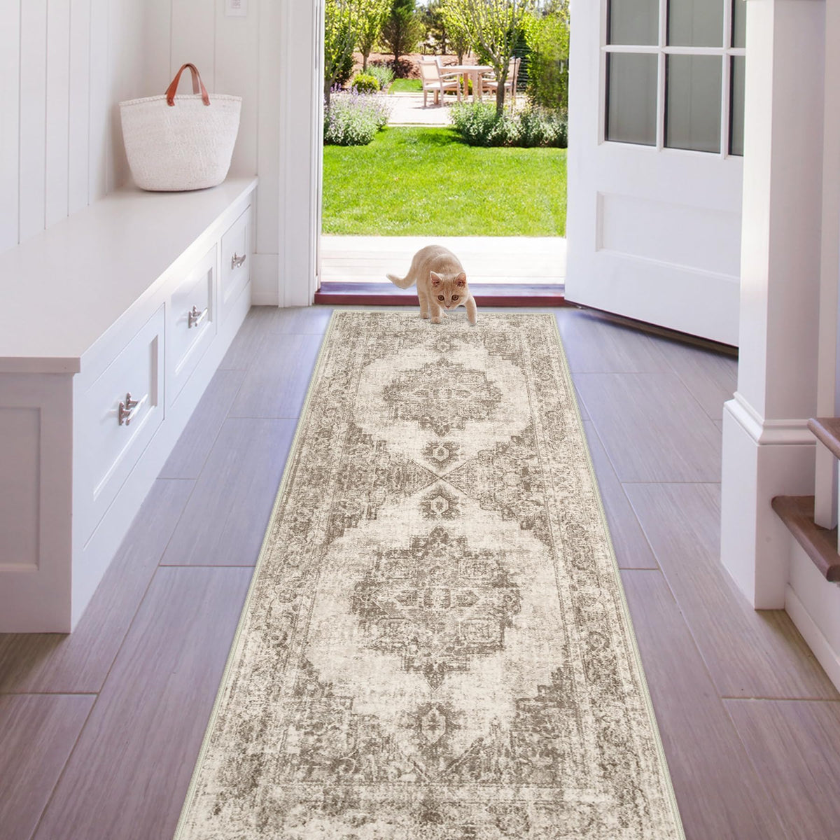 Area Rug 5x7 Vintage Rug: Washable Indoor Medallion Rugs Low Pile Distressed Floor Carpet Retro Accent Rug for Living Room Bedroom Kitchen Dining Table Home Office(Beige, 5'x7')