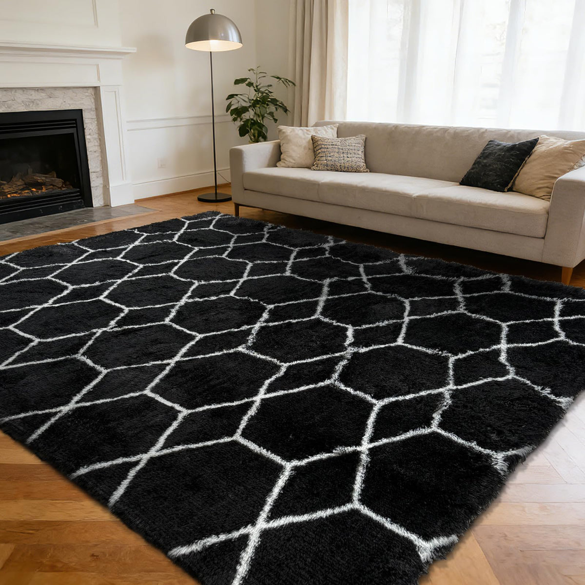 5x8 Shag Area Rug for Bedroom,Grey and Black Fluffy Rugs for Living Room