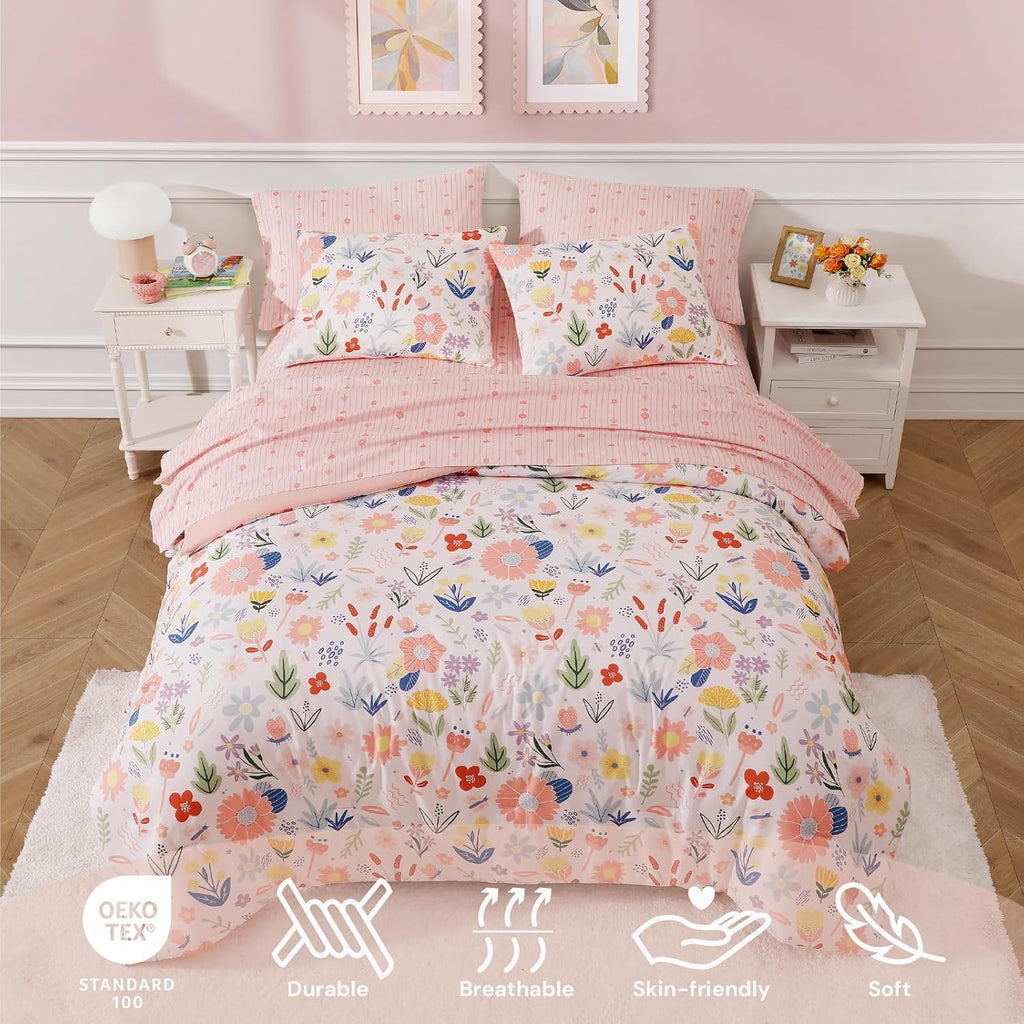 Twin XL Comforter Set for Girls - 5 Pieces Pink Floral Bed in a Bag