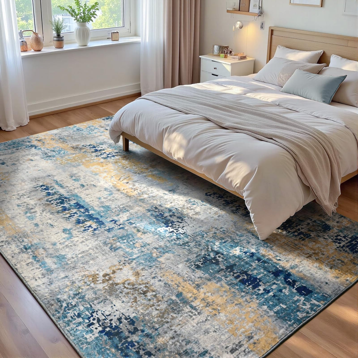 Living Room Rug 5x7 Gray Area Rug Machine Washable Boho Rug Non Slip Abstract Vintage Indoor Large Rugs for Bedroom, Classroom, College Dorm, Farmhouse, Dining Room, Kids Playroom