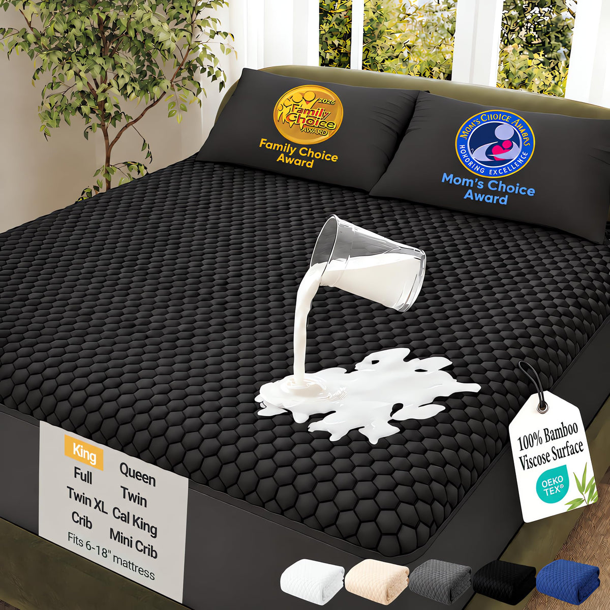 OhGeni Waterproof Mattress Protector,Twin Size Soft Bamboo Viscose Top Layer Pad,3D-Air Fabric Cooling Breathable Fitted Sheets, Washable Bed Cover for Kids Toddler Bedwetting Over 99 Count Hex Bumps