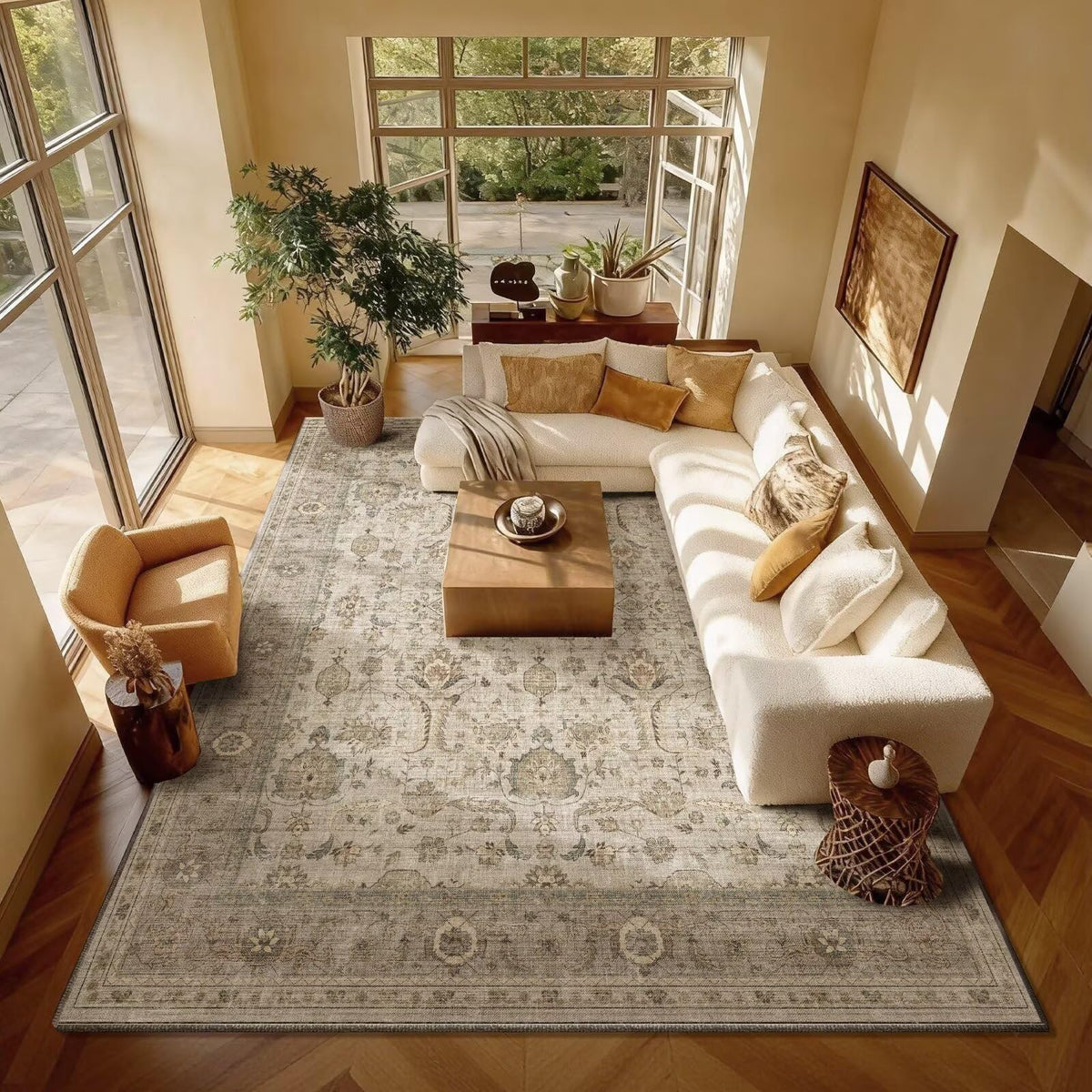 Washable 10x14 Area Rugs for Living Room, Ivory/Sage Gold