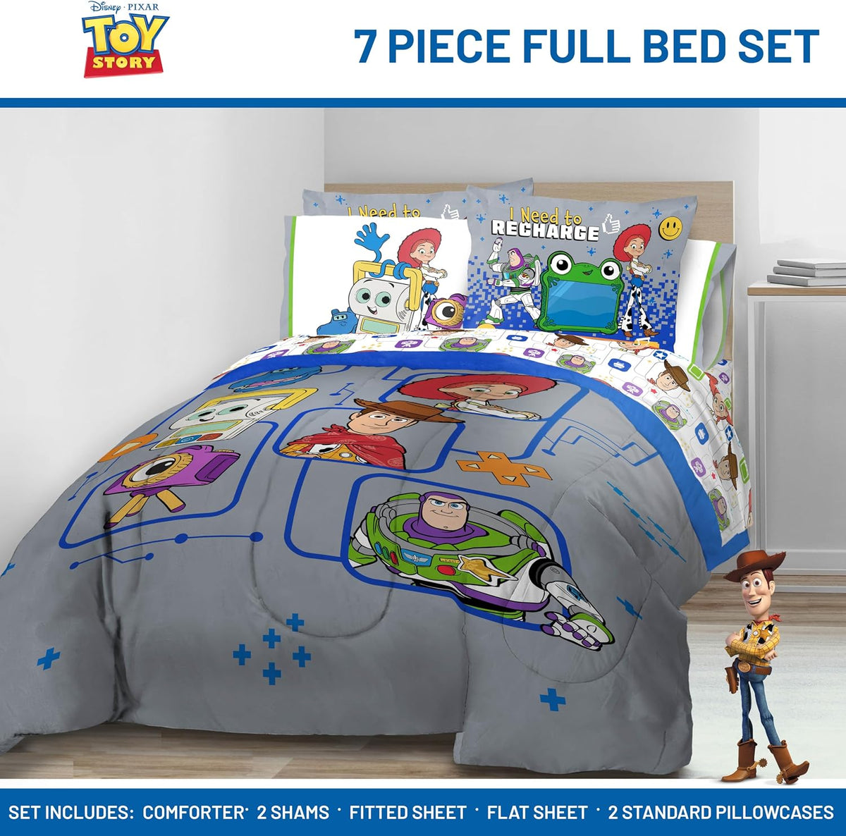 Jay Franco Kids Comforter Set Includes Sheets and Pillow Covers - Soft and Cozy Bed Set for Stylish Room Decor, Official Licensed Bedding, Grey - Toy Story, 7 Piece Full