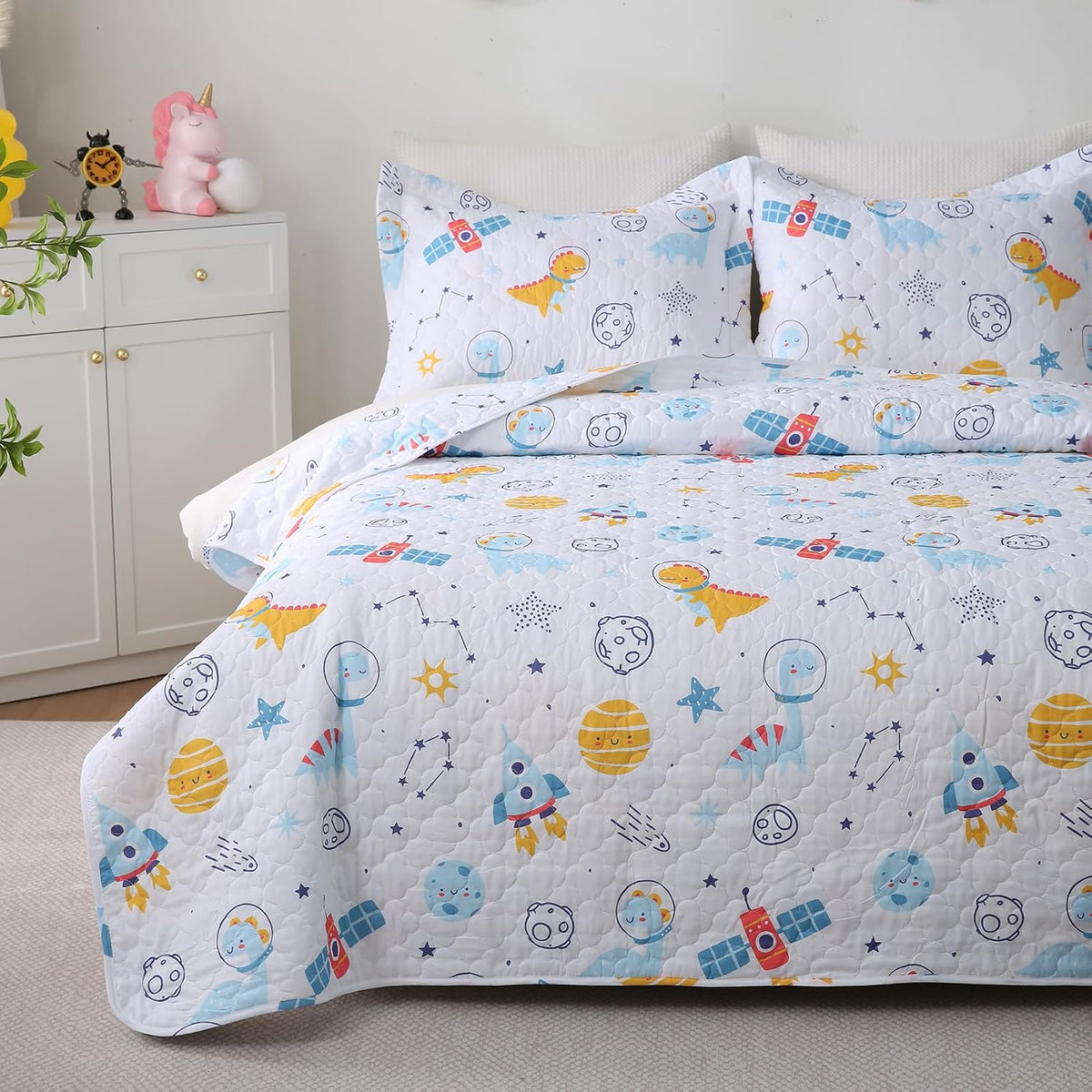 Dinosaur Space Rocket Themed Quilt Set Full Size for Boys,3 Pieces