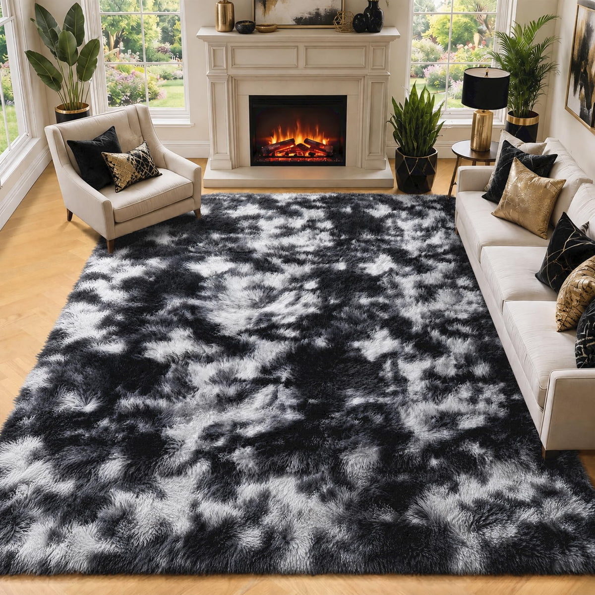 Area Rugs for Bedroom Living Room, 4x6 Fluffy Grey and Black Geometric Rug