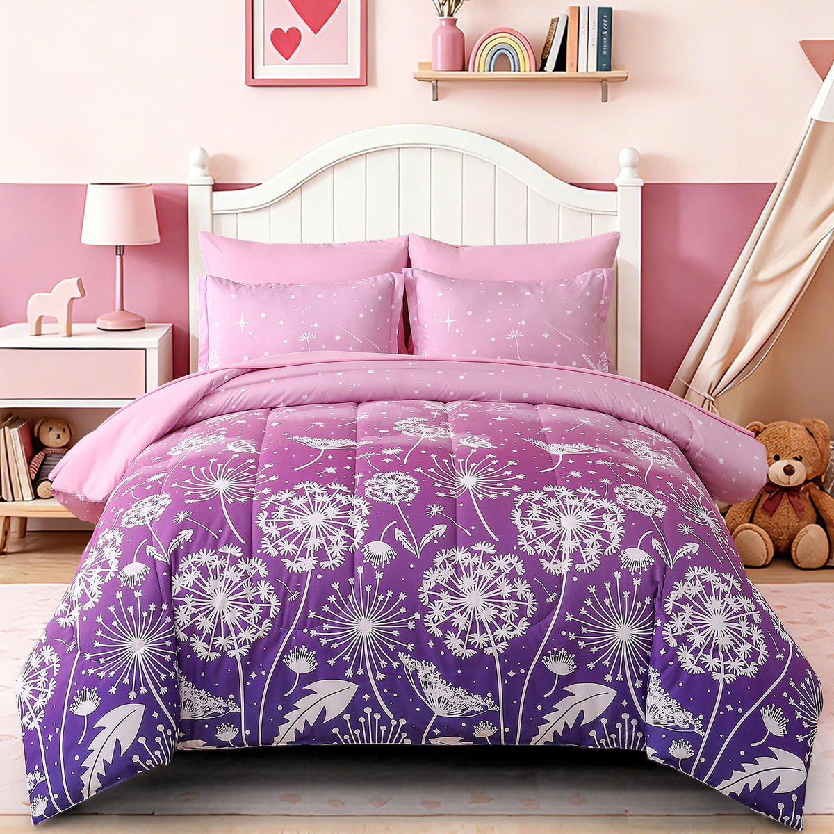 Dinjoy Girls Comforter Set 7 Pieces, Queen Size Colorful Ombre Rainbow Bedding Set, Bed in A Bag for Kid Teen Girls (1 Comforter, 1 Flat Sheet, 1 Fitted Sheet, 2 Pillow Shams, 2 Pillowcases)