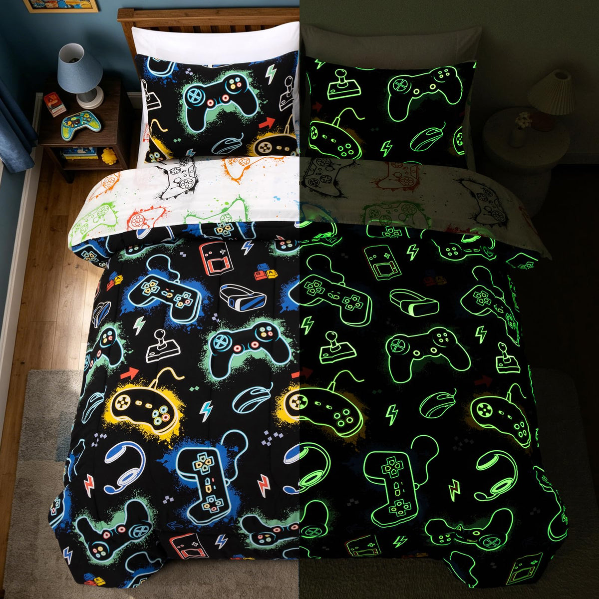 A Nice Night 5pc Glow in The Dark Dinosaur Kids Queen Comforter Sets