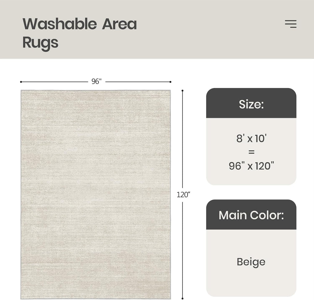 Valenrug Beige 8x10 Area Rugs for Living Room, Large Washable Rug Non Slip