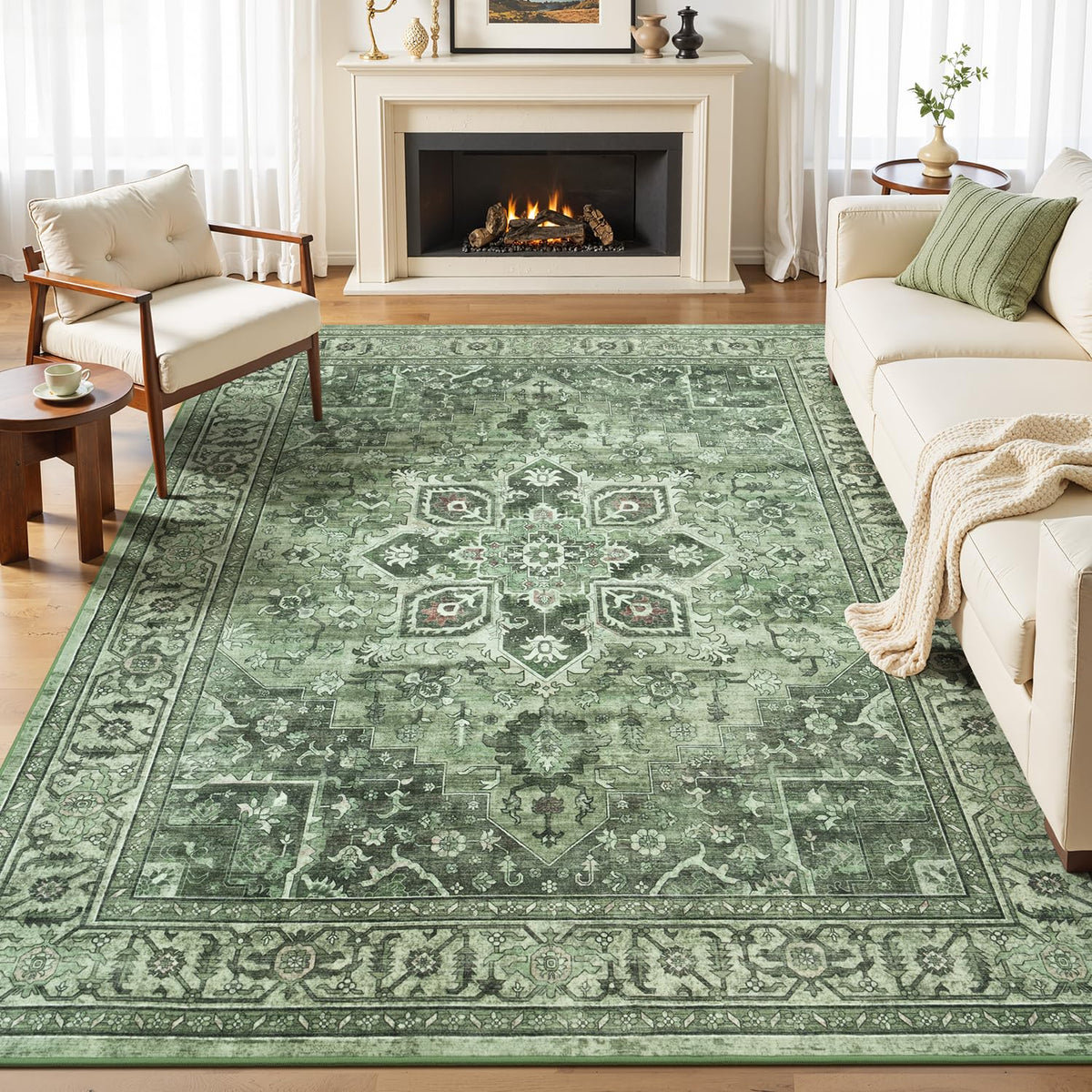 Sage Green 8x10 Area Rug for Living Room, Vintage Boho Large Carpet