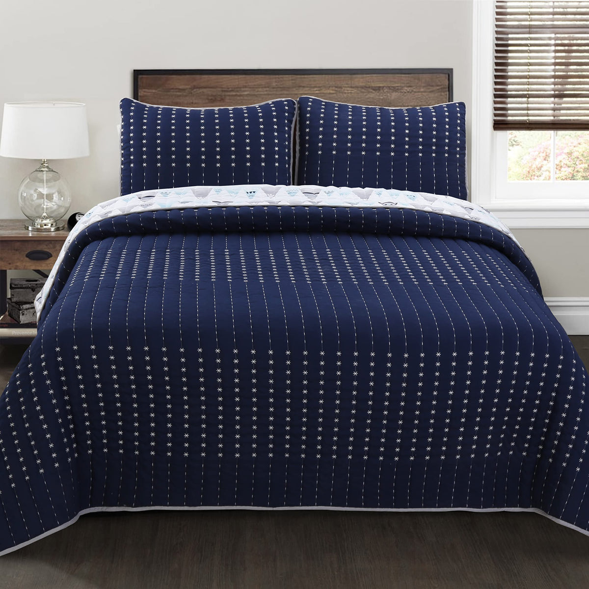 Cozy Line Home Fashions Benjamin Cute Dinosaur Plaid Navy Blue White Grey Bedding Quilt Set 100% Cotton Reversible Coverlet Bedspread Set for Kids Boy(Twin - 2 piece)