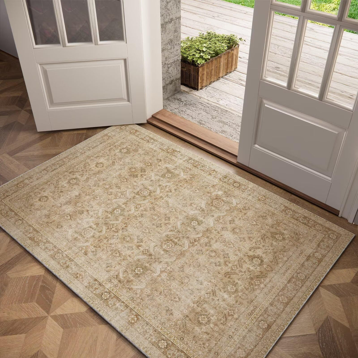Washable 10x14 Area Rugs for Living Room, Ivory/Sage Gold