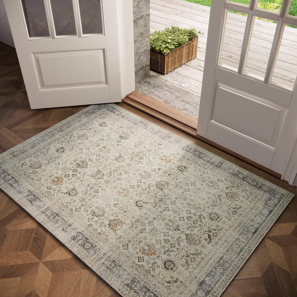 Washable 10x14 Area Rugs for Living Room, Ivory/Sage Gold