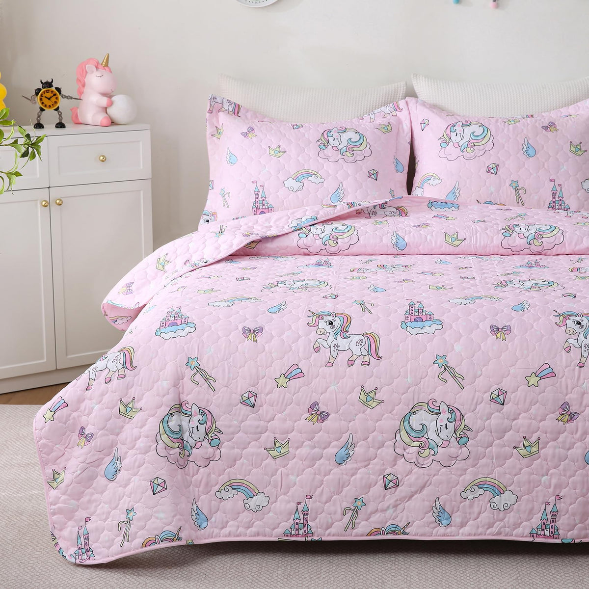 Dinosaur Space Rocket Themed Quilt Set Full Size for Boys,3 Pieces