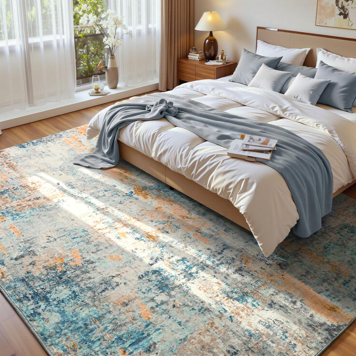 Living Room Rug 5x7 Gray Area Rug Machine Washable Boho Rug Non Slip Abstract Vintage Indoor Large Rugs for Bedroom, Classroom, College Dorm, Farmhouse, Dining Room, Kids Playroom