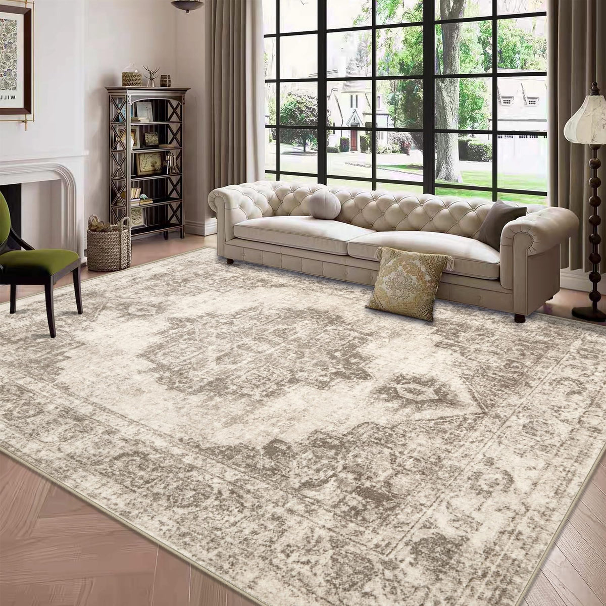 Area Rug 5x7 Vintage Rug: Washable Indoor Medallion Rugs Low Pile Distressed Floor Carpet Retro Accent Rug for Living Room Bedroom Kitchen Dining Table Home Office(Beige, 5'x7')
