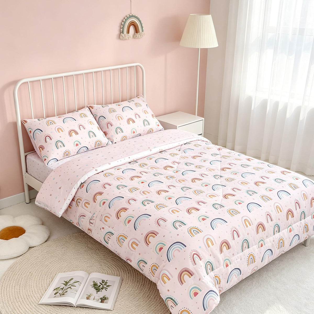 Toddler Bedding Set for Girls 4 Piece Pink Rainbow Toddler Girl Bedding Set Super Soft & Lightweight Toddler Comforter Set Includes Comforter, Flat Sheet, Fitted Sheet, Pillowcase