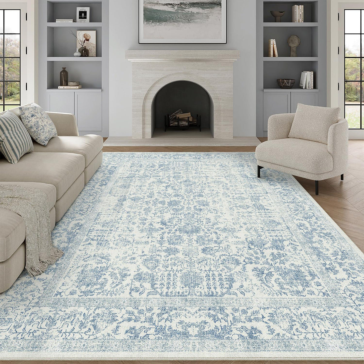 PureCozy Beige Area Rug 5x7 Vintage Farmhouse Floral