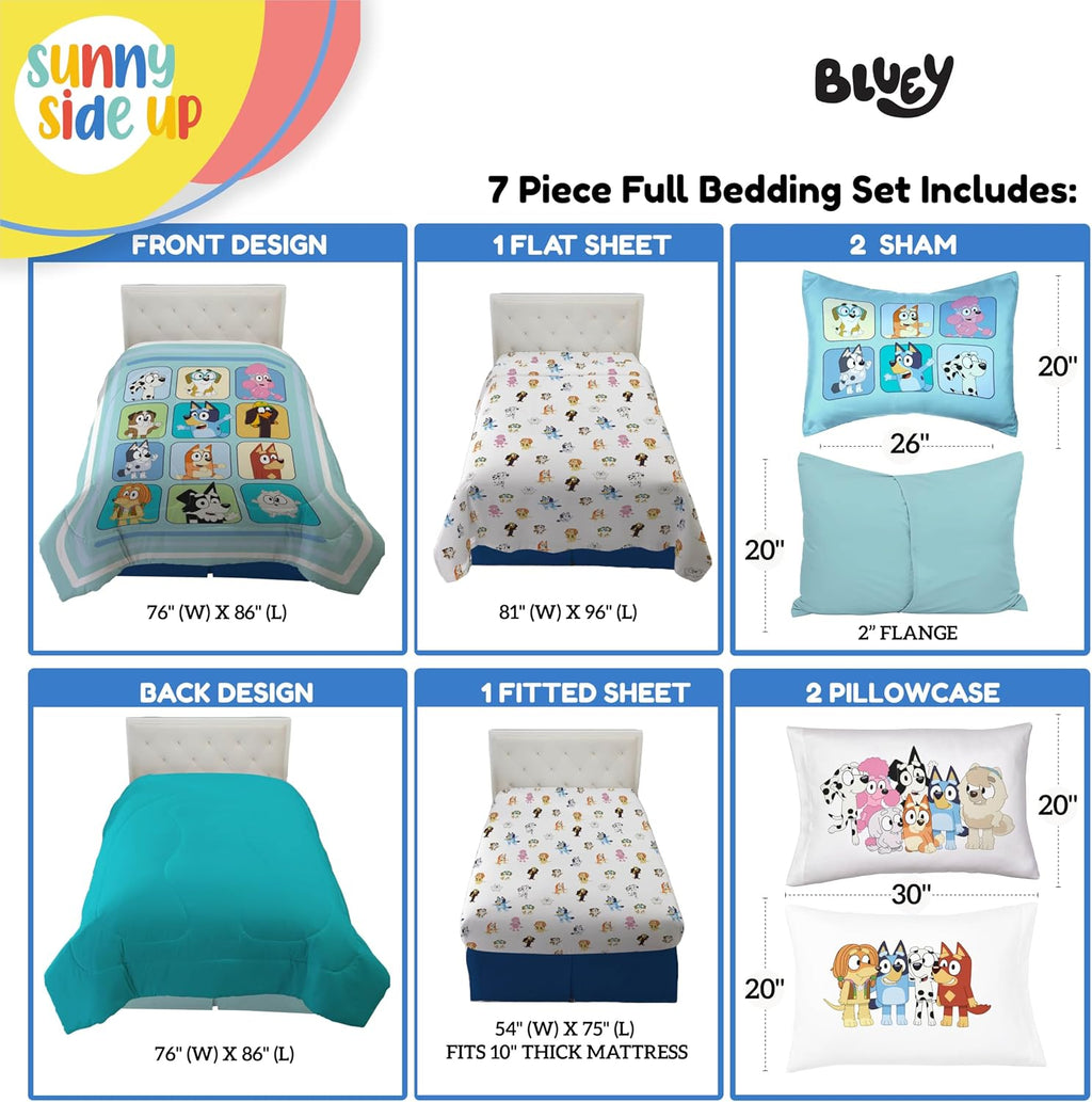 Sunny Side Up Bluey & Friends Full Comforter Set - 7 Piece Kids Bedding Includes Comforter, Sheets & Pillow Cover - Super Soft Microfiber Bed Set