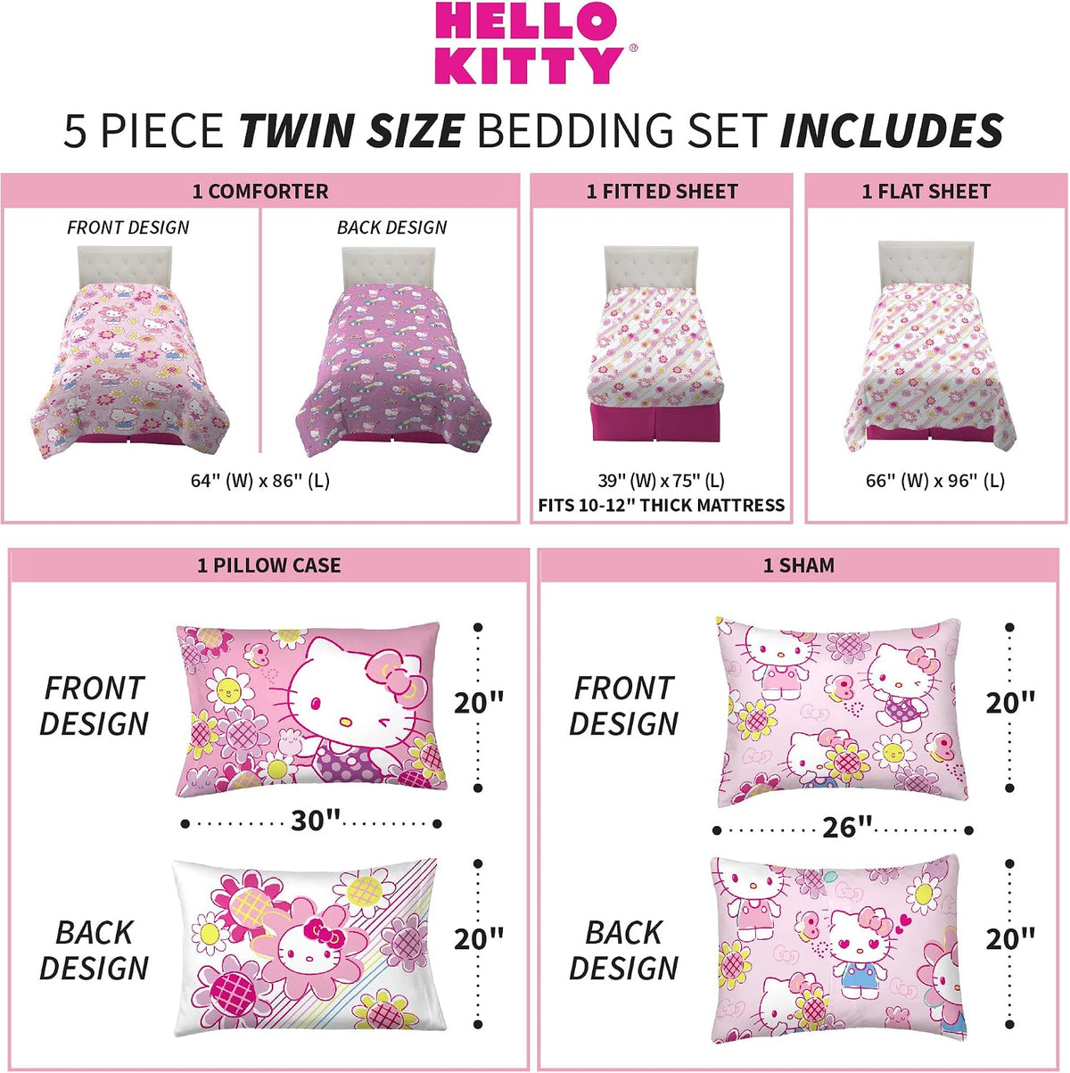 Franco Kids Bedding Super Soft Comforter and Sheet Set with Sham, 5 Piece Twin Size, Hello Kitty