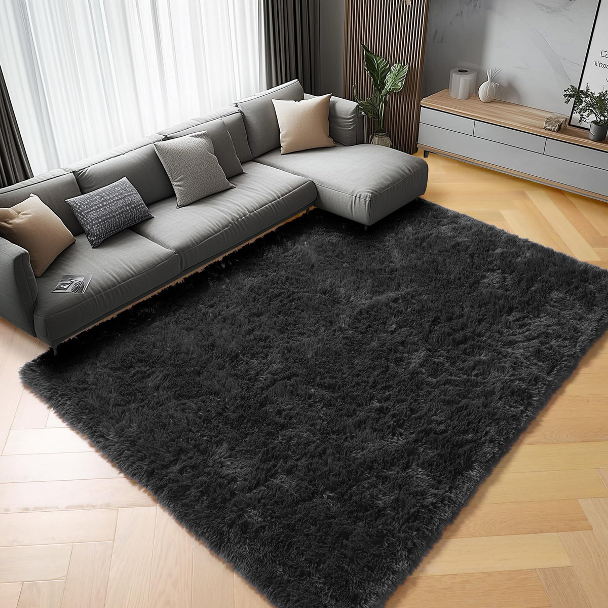 Area Rugs for Bedroom Living Room, 4x6 Fluffy Grey and Black Geometric Rug